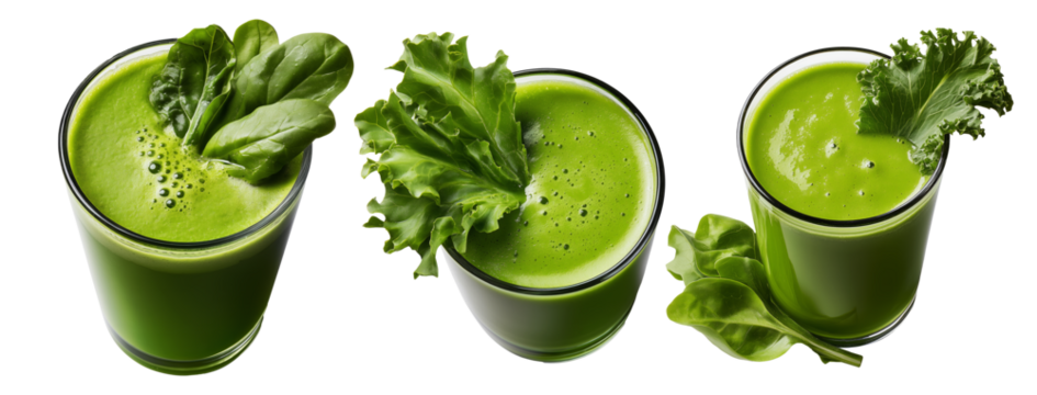 Vibrant green vegetable smoothie in a clear glass with fresh lettuce garnish, isolated on white background, concept of detox