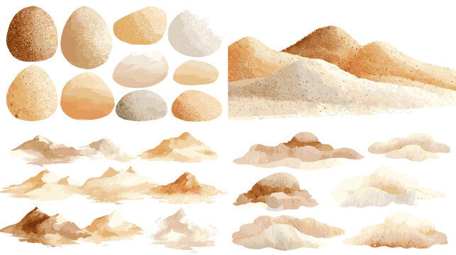 Watercolor beach sand textures with mounds, piles, and grains in neutral beige and tan. Hand painted elements isolated on white for backgrounds, landscapes, and coastal design.