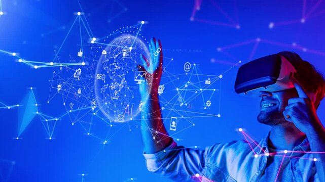 A young man immersed in virtual reality is interacting with digital elements, showcasing the innovations in technology and the excitement of immersive experiences. Raster