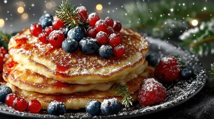 Stack of pancakes topped with berries and powdered sugar on a festive plate.