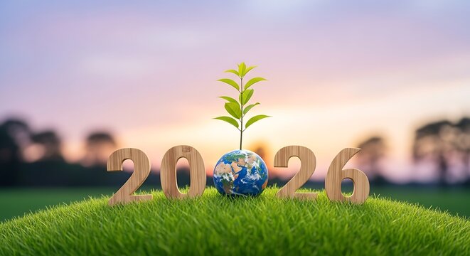 Wooden 2026 numbers next to a miniature Earth globe with a growing green sapling, symbolizing future environmental sustainability - Powered by Adobe