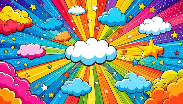 Colorful Sky Burst with Clouds and Stars - A Whimsical Illustration.