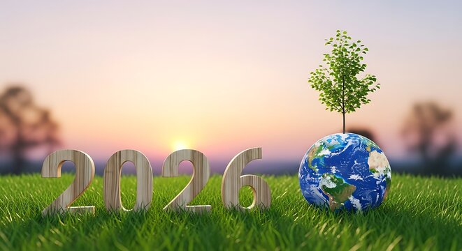 Wooden 2026 numbers next to a miniature Earth globe with a growing green sapling, symbolizing future environmental sustainability