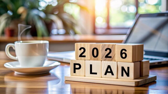 2026 plan wooden block desk coffee cup laptop morning light cozy bokeh bright home office sunlight conveying ambition and productivity for new year planning and goal setting