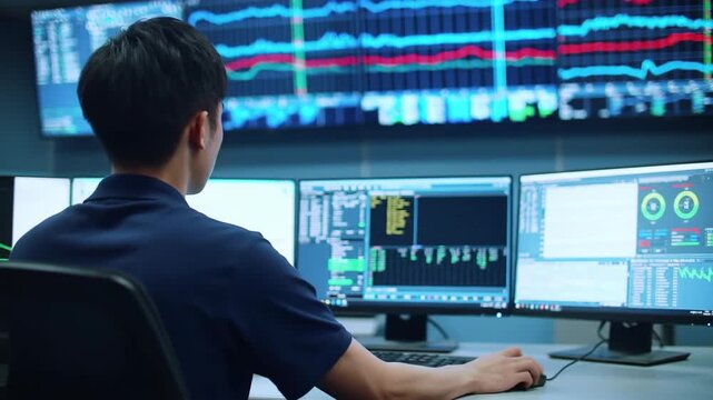 An image depicts a man monitoring stock market data on multiple computer screens with real-time charts, focusing on finance, investment, and technological analysis.