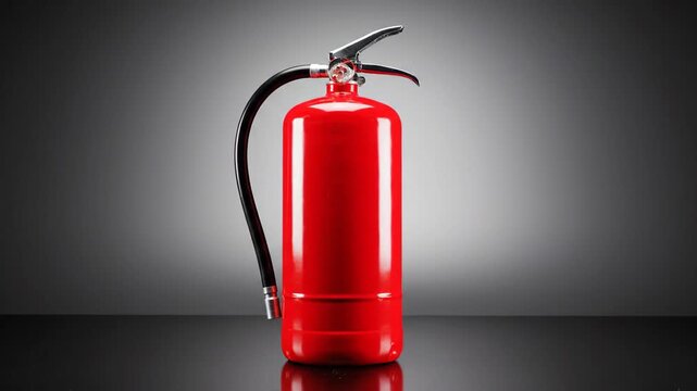 A red fire extinguisher stands on a reflective surface, set against a gradient gray backdrop offering safety equipment for emergency and prevention measures.
