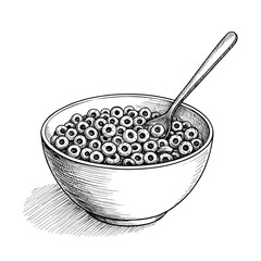 Bowl of cereal with rings and spoon in detailed sketch style  
