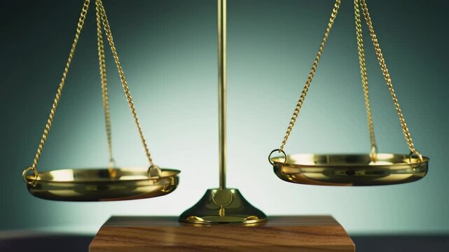 Scales of justice are displayed in golden finish over a wooden base with a teal backdrop, symbolizing law, fair judgment and balance.