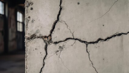 Obraz premium A weathered, cracked concrete pillar in an aged interior with glimpses of windows and decay
