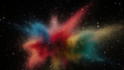 Obraz premium A vibrant explosion of multicolored powder bursts against a stark black background, creating dynamic shapes
