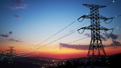 Silhouette of Two Electric Power Towers at Sunset with a Colorful Sky and City Lights in the Distance, Transmission Lines Connect the Towers with Digital Effect - Powered by Adobe