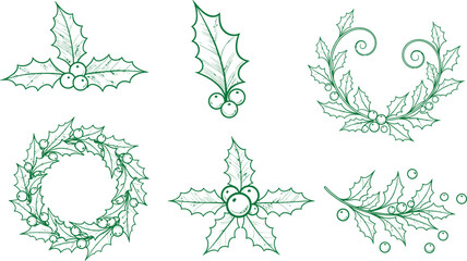 Set of holly sprig sketched out for festive design element. Decoration element for holiday design. Decoration for winter. Green sketch isolated.