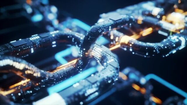 Close up of interlocked technological chain links with blue and orange lights, symbolizing digital connectivity, network and data transfer on a dark futuristic style background. - Powered by Adobe