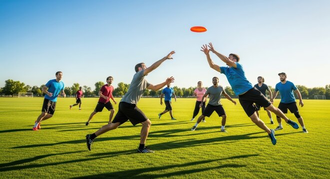 Group of young males playing ultimate frisbee on a sunny day outdoors - Powered by Adobe