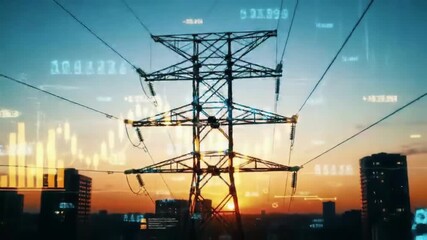 Transmission tower silhouetted against an orange sunset sky with overlaid data visualization near city buildings. High voltage electrical supply and finance concept. - Powered by Adobe