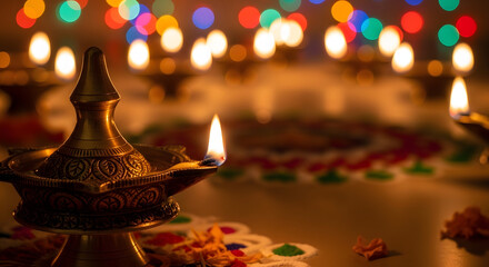 Traditional oil lamp glowing amidst colorful Diwali decorations  