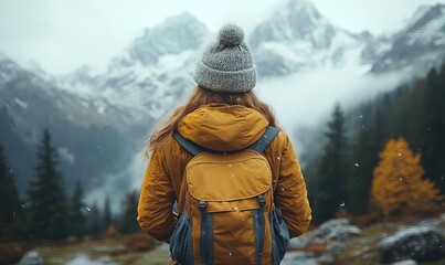 Girl in yellow jacket and backpack gazes at foggy snowy mountains