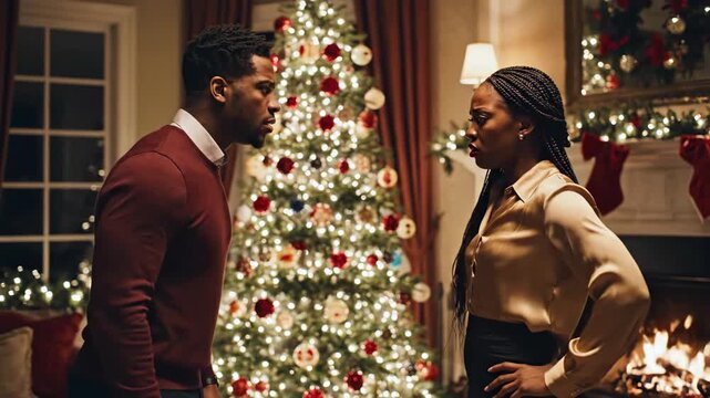 Man and woman arguing near decorated Christmas tree indoors  