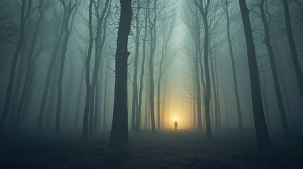 Mysterious Foggy Forest with Lone Silhouette Walking Toward Bright Light, Atmospheric Woodland Landscape at Dawn