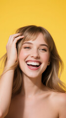 Fototapeta premium Caucasian woman on yellow background