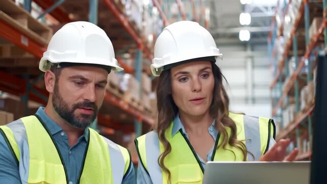 Two warehouse workers in safety gear, white hardhats, and yellow vests, stand before shelves full of boxes and packages, conducting an inventory audit. 