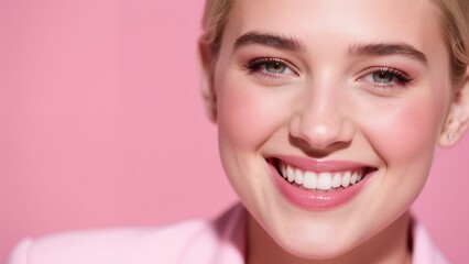 Caucasian woman close-up smiling on pink background
