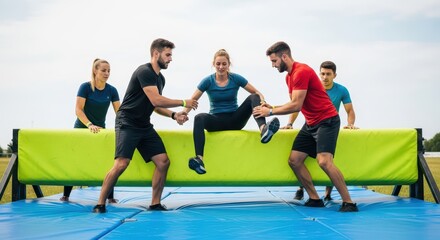 Team of young adults participating in outdoor obstacle course challenge
