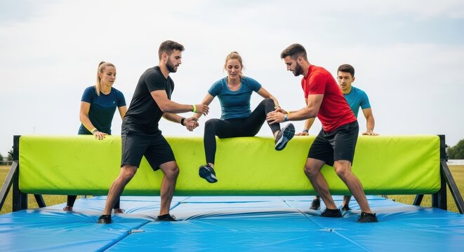Team of young adults participating in outdoor obstacle course challenge