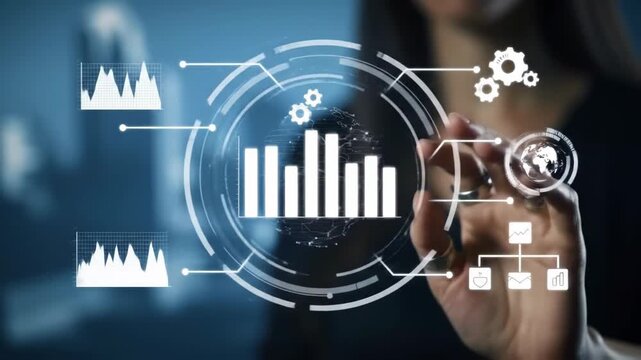 A woman interacts with a digital interface against a gradient blue background, displaying charts, data, and gears. Modern technology concept for Adobe Stock.