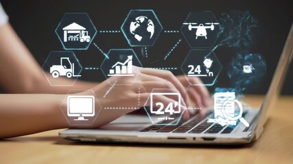 Close-up of a woman's hands typing on a laptop, surrounded by digital logistics icons on a gray backdrop. Focus on technology, global connectivity and business operations. - Powered by Adobe