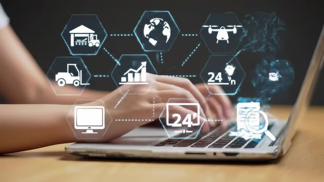 Close-up of a woman's hands typing on a laptop, surrounded by digital logistics icons on a gray backdrop. Focus on technology, global connectivity and business operations. - Powered by Adobe