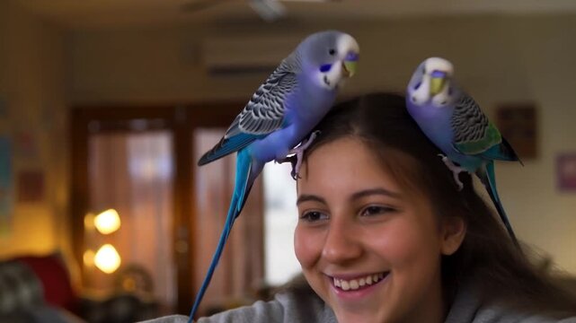 A joyful girl interacting with two blue parakeets resting on her head. The scene portrays the girl's happiness and her affectionate bond with her pet birds. Stock Video