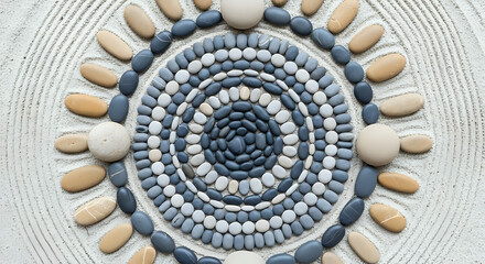 A circular pattern made of pebbles in shades of gray and white on a textured white background art piece