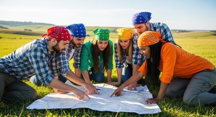 Diverse group of young adults exploring map in scenic field with bandanas