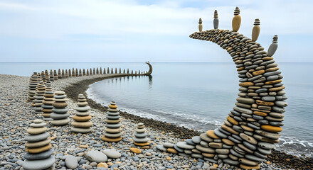 Stone balancing art along the shoreline with stacked rocks and a rock bridge over the ocean water