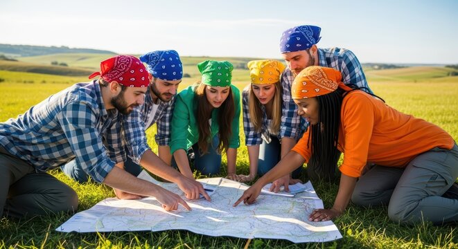 Diverse group of young adults exploring map in scenic field with bandanas