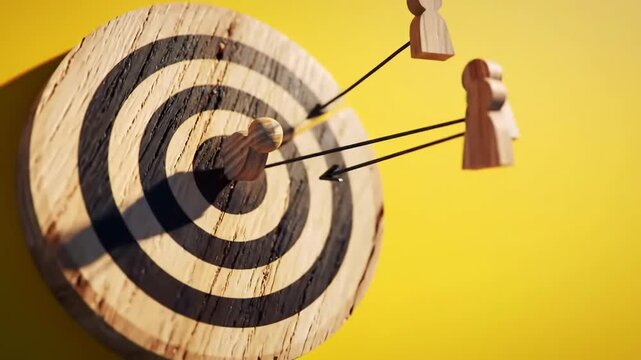 A wooden target with an arrow hitting the bullseye is set against a vibrant yellow background, symbolizing goal achievement, business strategy, and successful targeting under bright studio light.