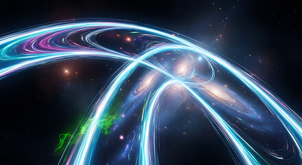 Abstract space scene with glowing trails and distant galaxies in a dark cosmic background view