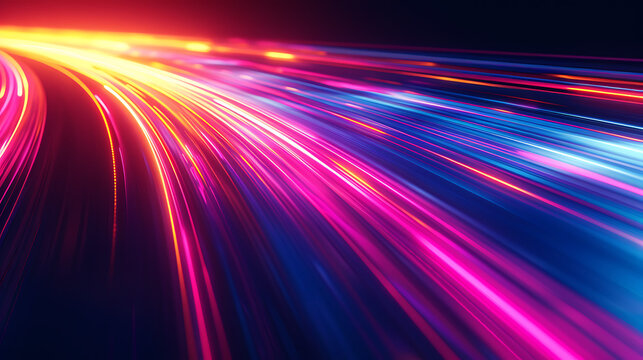 Abstract streaks of vibrant neon light trails moving fast in a dark futuristic tunnel