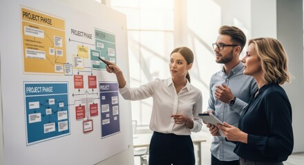 Caucasian adult professionals discussing project phases in office meeting