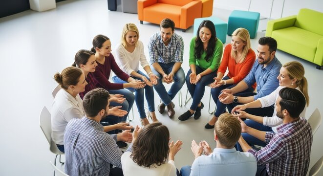 Diverse group of adults engaging in team building activity in bright office setting