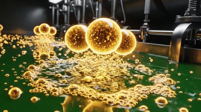 Engineered bacteria producing biofuel molecules, glowing droplets bubbling inside bioreactors like golden stars being born