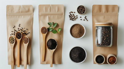 Variety of coffee beans and ground coffee presented in bags spoons and bowls