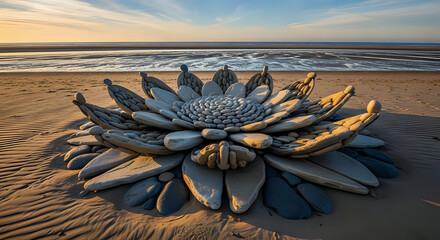 Stone flower sculpture on sandy beach at sunset with ocean and sky in the background view landscape