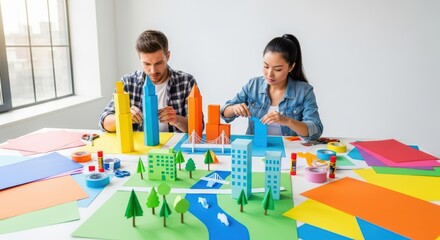 Young adults crafting colorful cardboard city in bright creative studio