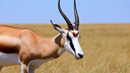 A graceful Springbok gazes with majestic curved horns across a sun-drenched savannah landscape. The Springbok has a striking appearance Stock Video