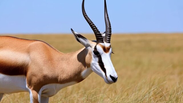 A graceful Springbok gazes with majestic curved horns across a sun-drenched savannah landscape. The Springbok has a striking appearance Stock Video