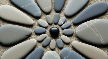 Arrangement of smooth gray stones in a circular pattern with a black sphere in the center on sand