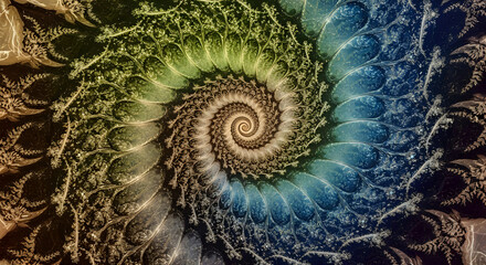 Abstract spiral pattern with blue green and brown hues creating a mesmerizing fractal design art
