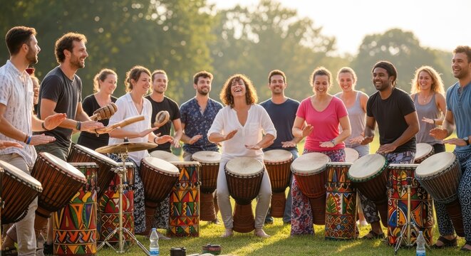 Diverse group enjoying outdoor drum circle in park setting